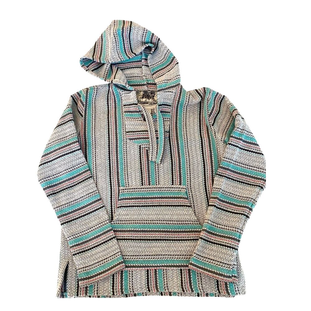 Senor Lopez Hoodie Adult Medium Ivory Blue Baja Woven Mexican Poncho Surf Boho